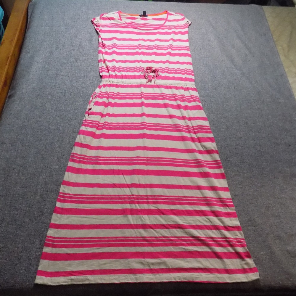 Tommy Hilfiger Maxi Dress Womens XL Pink Cream Good Striped Drawstring Pockets